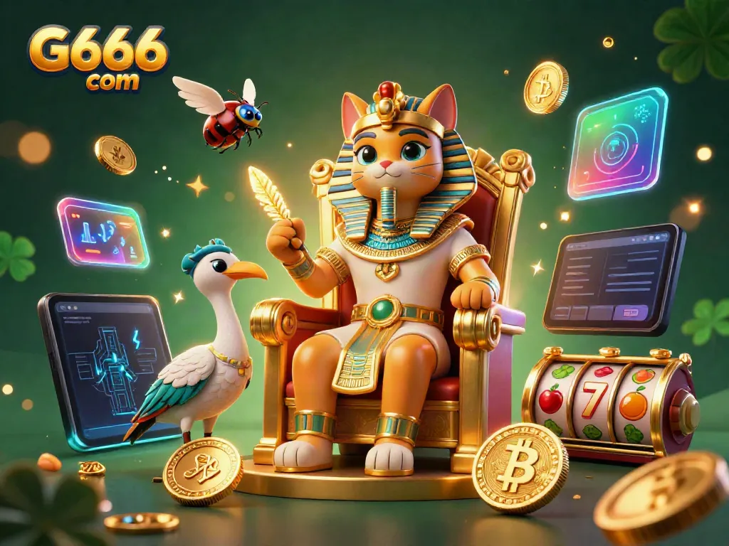 Spin and win with G666 com in this vibrant casino scene featuring pharaoh cat royalty.