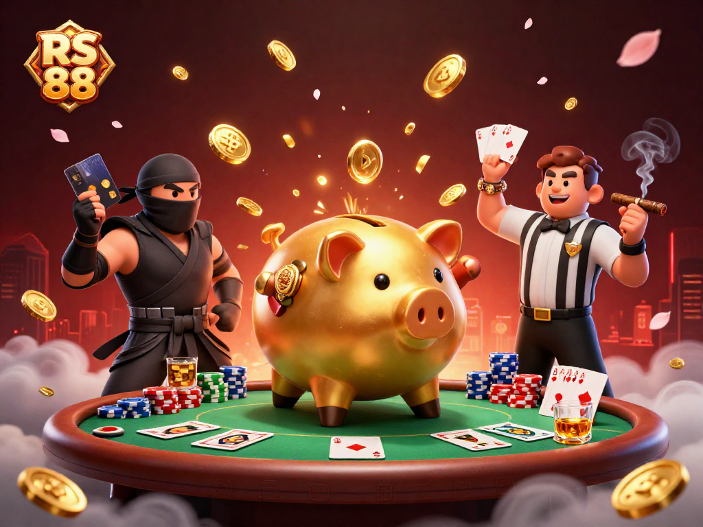 Engage with RS 88’s vibrant casino scene featuring dynamic characters, poker tables, and golden coins.