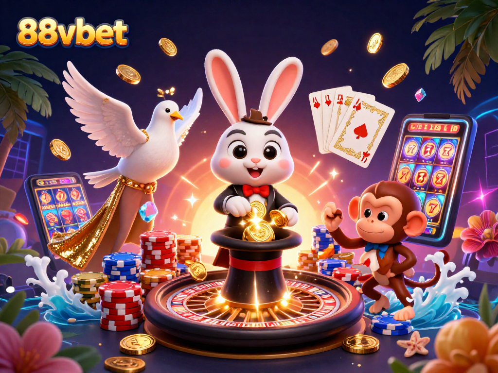 Experience the thrill of 88vbet with a lively casino-themed illustration featuring a magician, a dove, and a monkey.