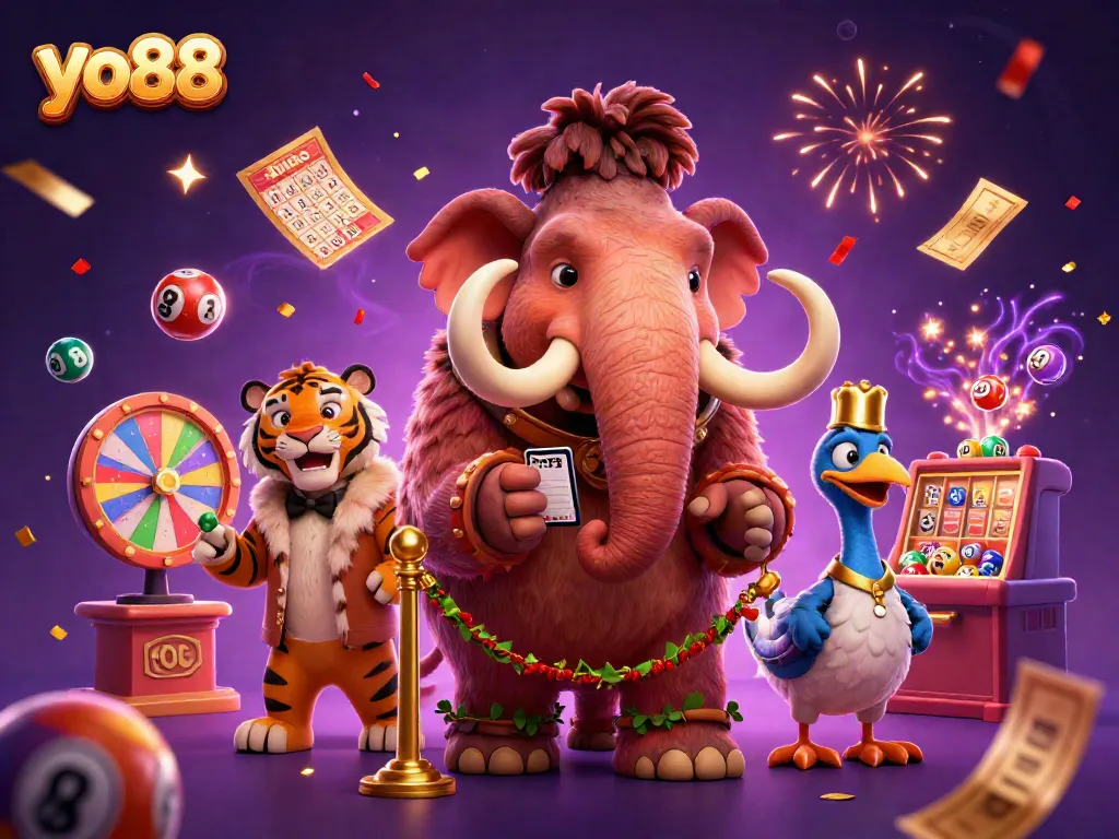 Experience the lively scene at yo88 with a woolly mammoth bouncer, saber-tooth tiger VIP, and dodo doorman, amidst vibrant casino elements.