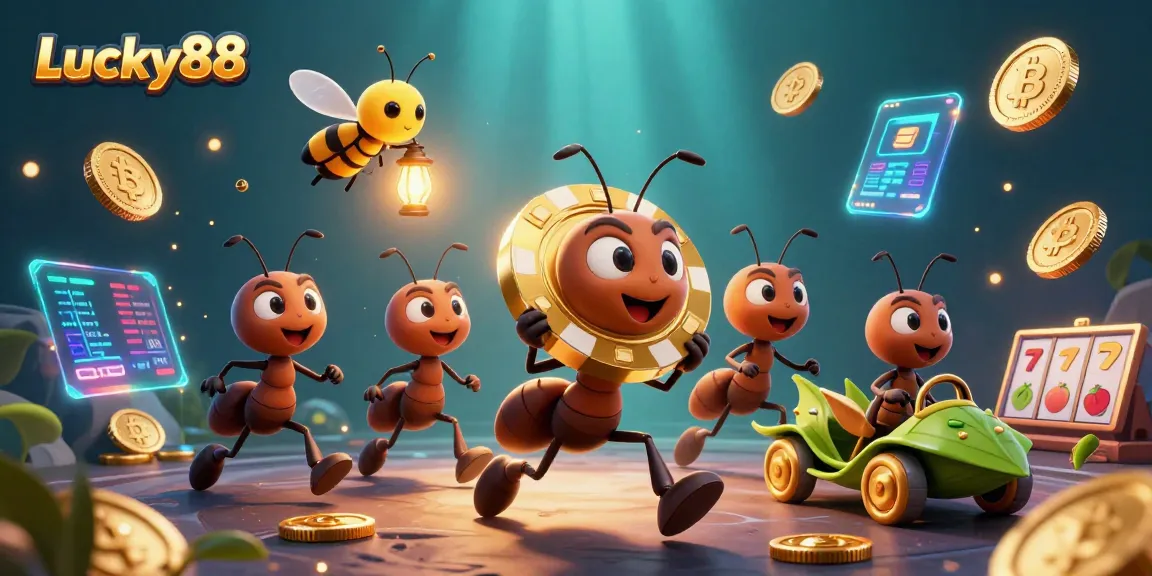 Experience Lucky88's thrilling heist adventure as ants escape with a giant golden poker chip.