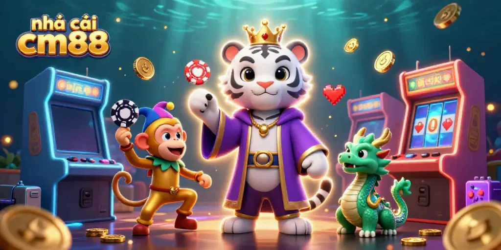 Experience the excitement with nhà cái cm88, featuring a regal tiger, jester monkey, and vibrant arcade elements.