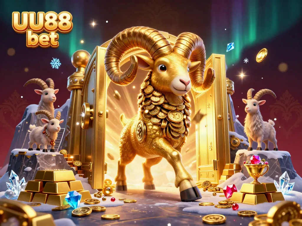 Experience thrilling action with UU88 bet as a golden ram charges through a treasure-filled casino.