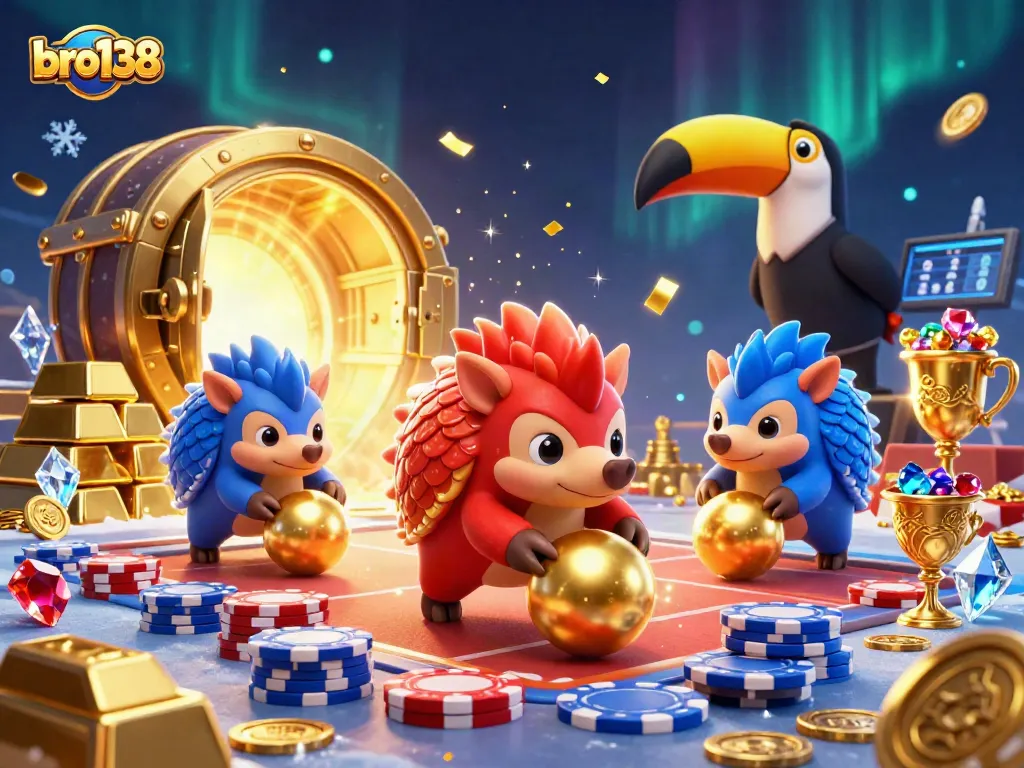 Bro138 showcases rival pangolins bowling through poker chips, offering excitement in online gaming.