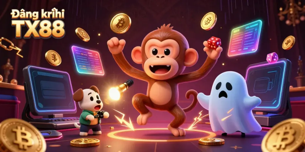 Engage with Đăng ký TX88 by experiencing a playful 3D casino adventure featuring a mischievous monkey and a ghost-hunter puppy.