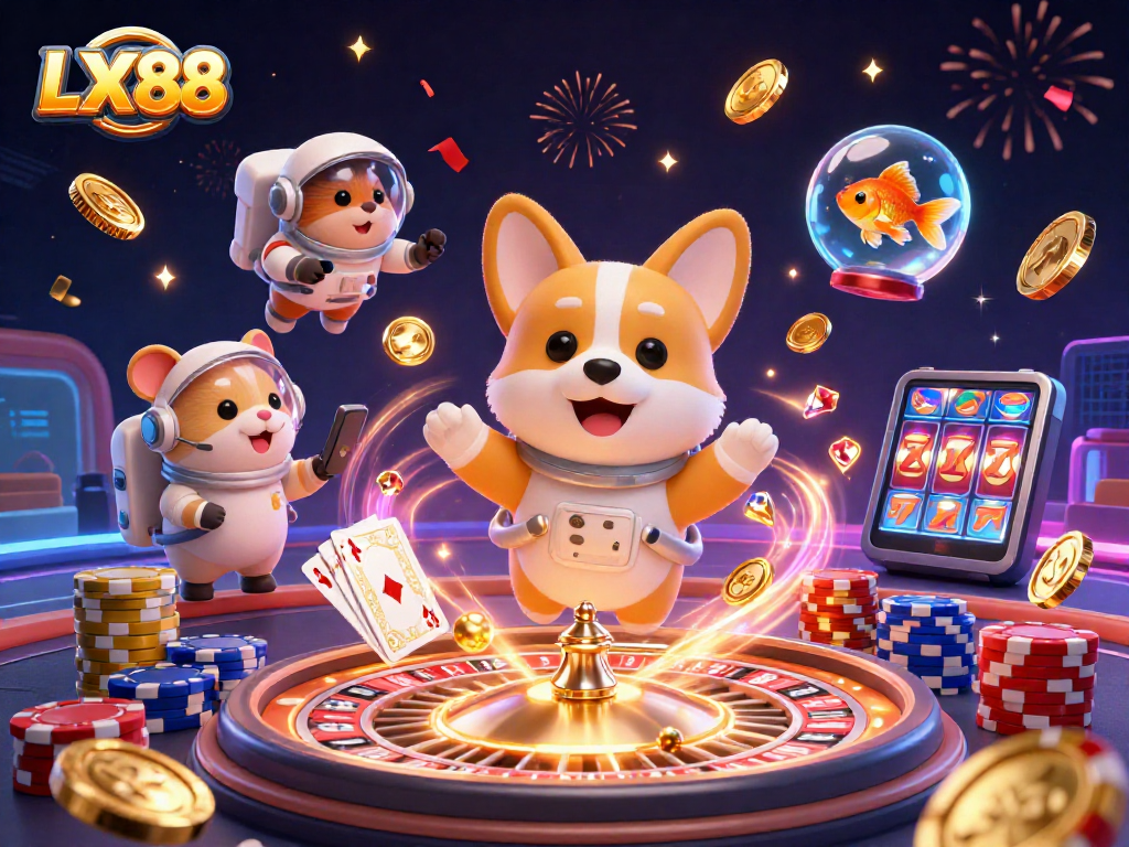 Experience thrilling gaming with LX88 featuring a 3D cartoon astronaut corgi and casino elements.