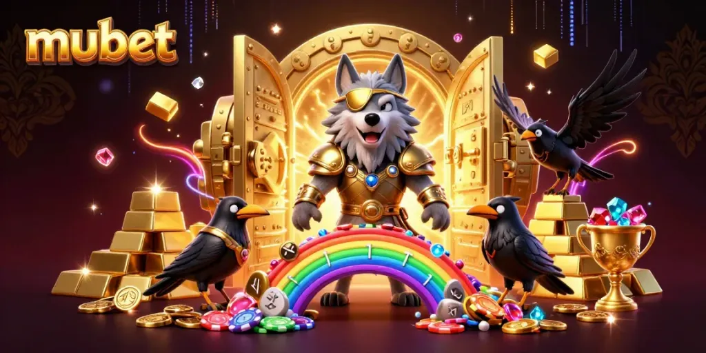Experience excitement with mubet as a 3D cartoon Norse Odin wolf and ravens amid casino treasures.
