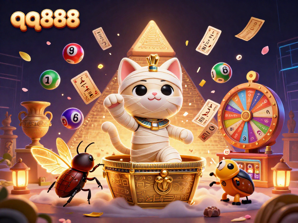 Spin and win big with qq888 at the vibrant pyramid casino featuring a mummy cat!