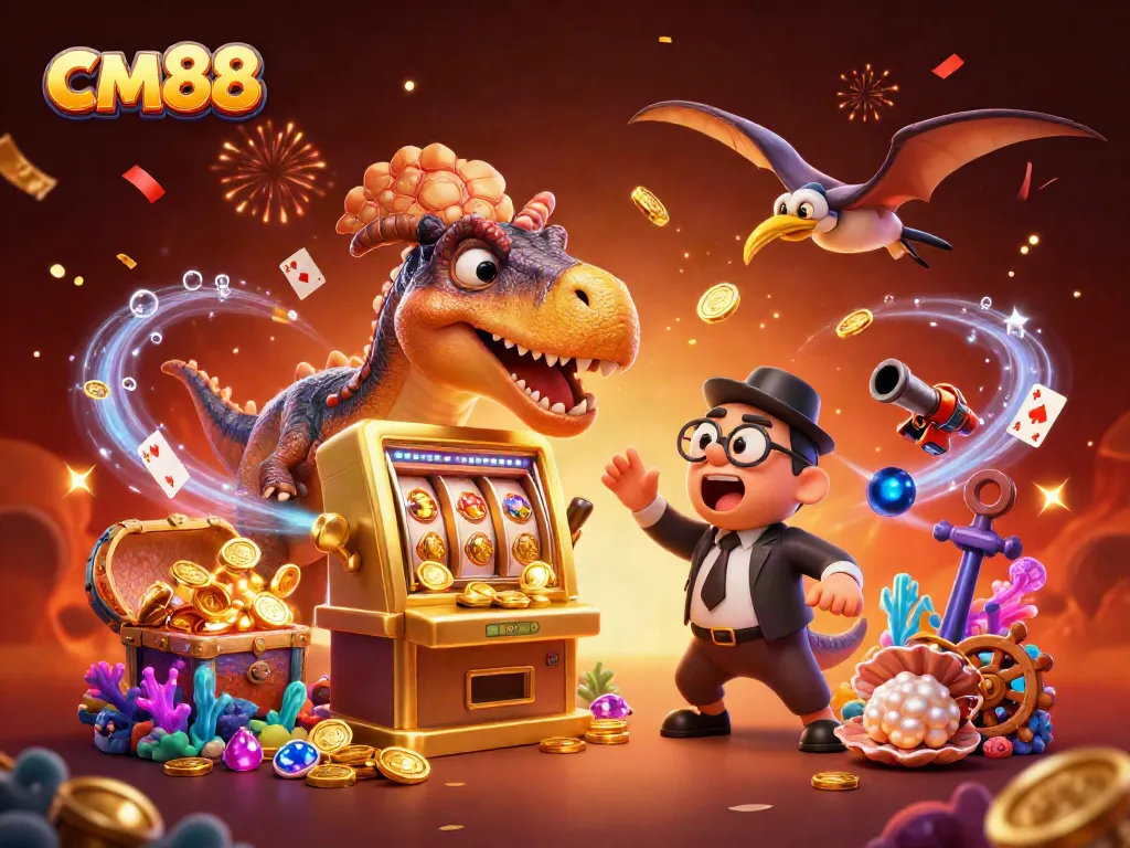 Experience cm88's joyful jackpot wins with a vibrant 3D casino illustration of thrilling slot machine action.