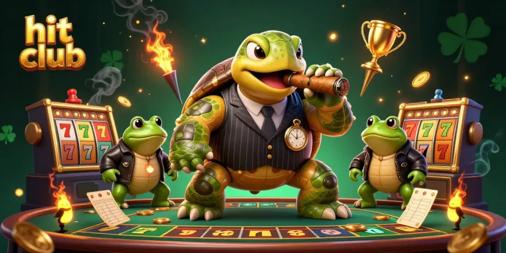 Join the excitement at hit club, where a cartoon turtle and bullfrogs bring casino thrills to life!
