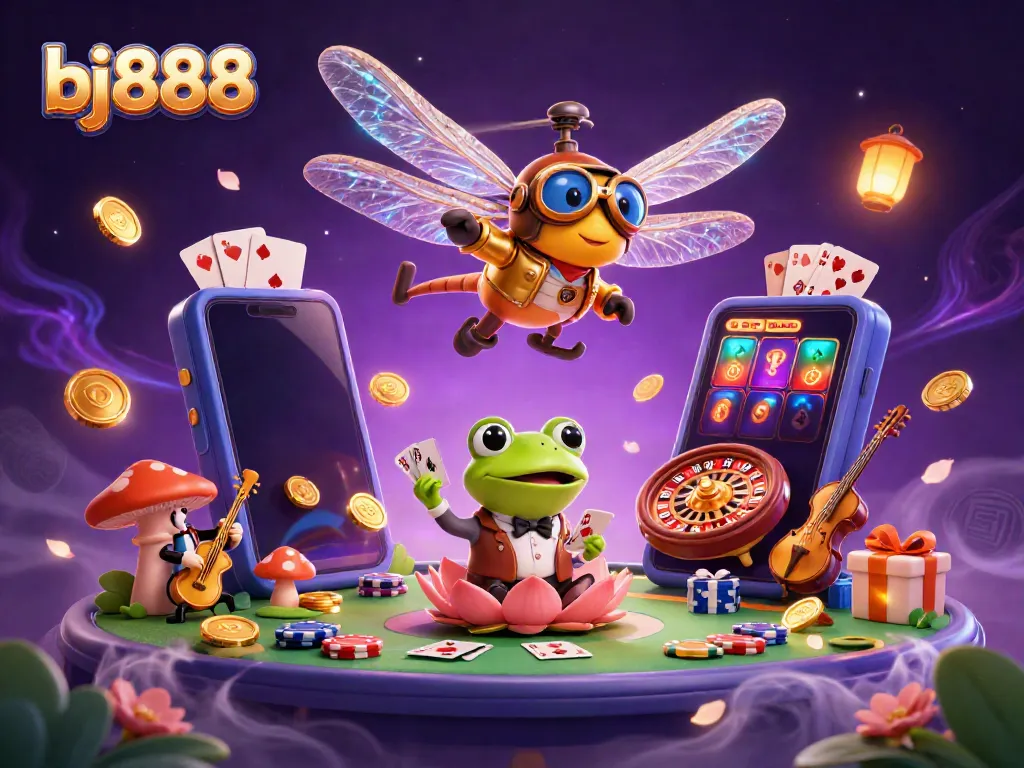 Experience vibrant gaming with bj888 at a lively lily pad casino featuring whimsical characters.