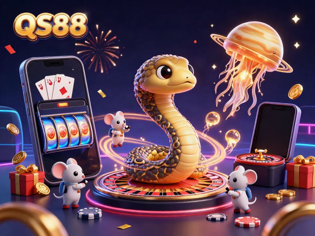 Experience thrilling action in QS88 Casino with a cosmic dealer and energetic players engaging in a vibrant space-inspired gambling scene.