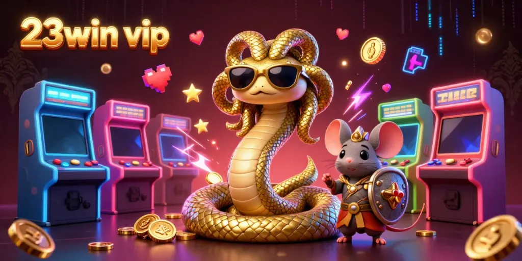 Experience thrilling gaming action at 23win vip with vibrant characters and casino elements in an animated illustration.