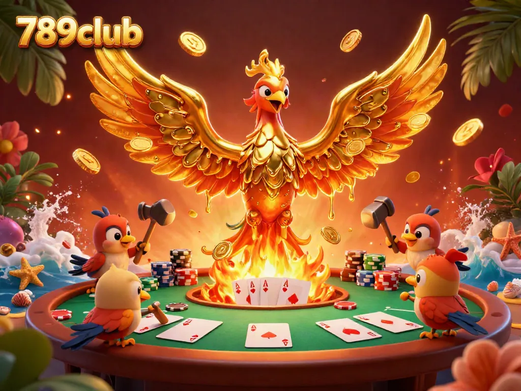 Experience the thrill of 789club with a stunning representation of a golden phoenix amidst poker chips and vibrant casino elements.