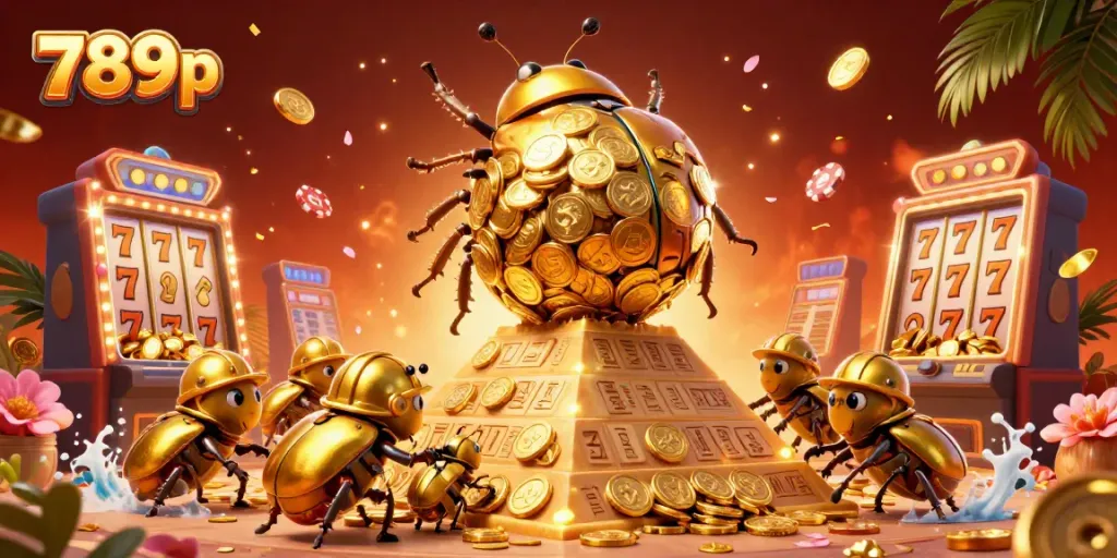 Experience the excitement of 789p with a golden beetle rolling in coins and vibrant casino symbols.