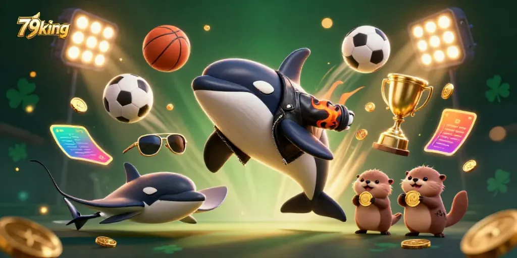 Engaging 79king illustration featuring a dynamic scene with an orca and otters amidst casino-themed elements.