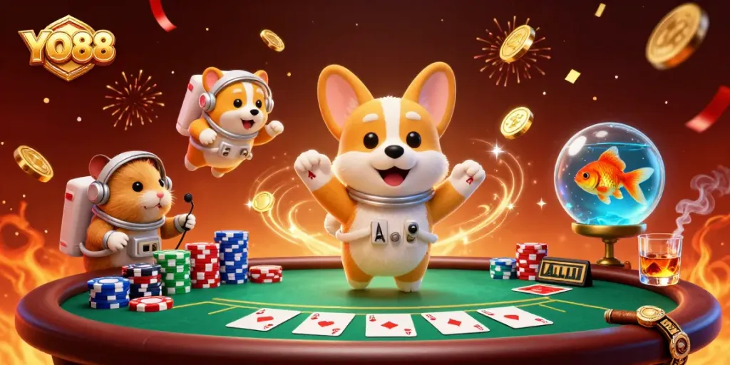 Experience thrilling gameplay at YO88 with a vibrant space-themed casino scene featuring floating poker chips and characters.