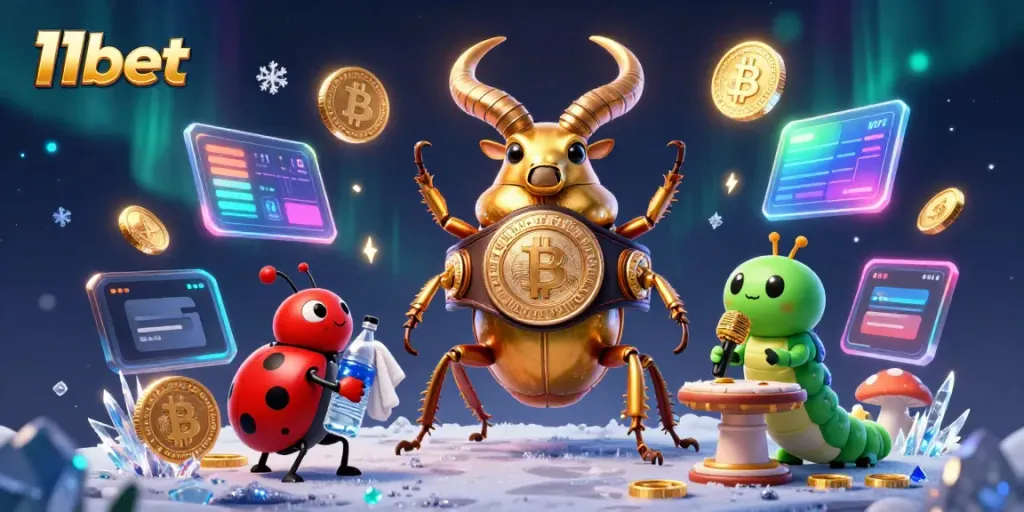 Engage with the dynamic world of 11bet through this 3D illustration of a boxing stag beetle and friends in a vibrant casino setting.