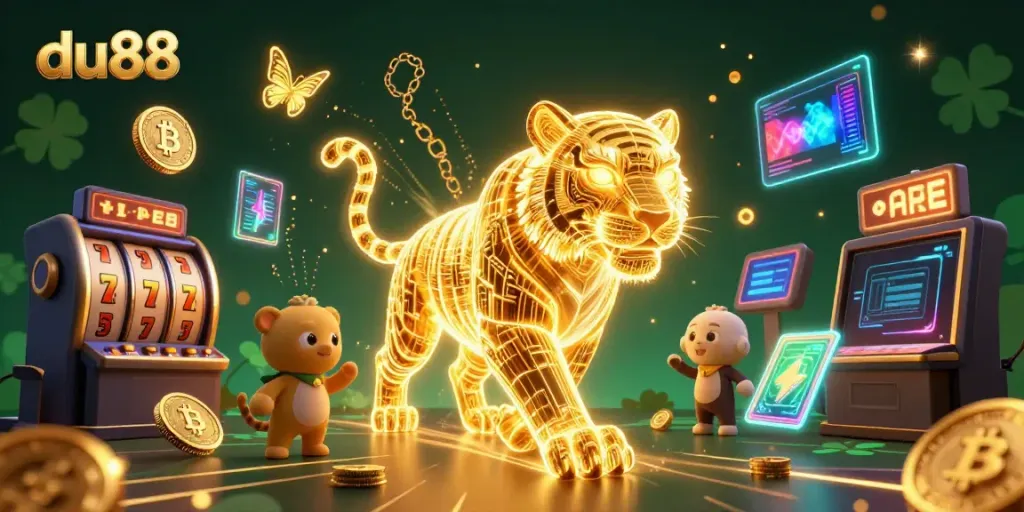 Engage in thrilling gameplay at du88 with a vibrant 3D casino featuring dynamic elements like a golden tiger and glowing cryptocurrencies.