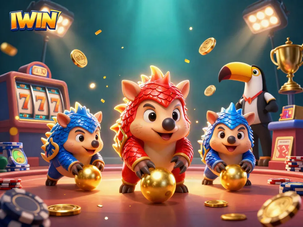 IWIN casino characters rolling golden balls and bowling through poker chip stacks in a vibrant 3D scene