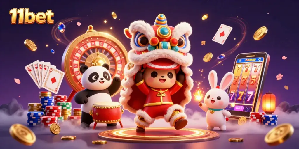Experience thrilling games at 11bet with a lively lion dance and casino elements.