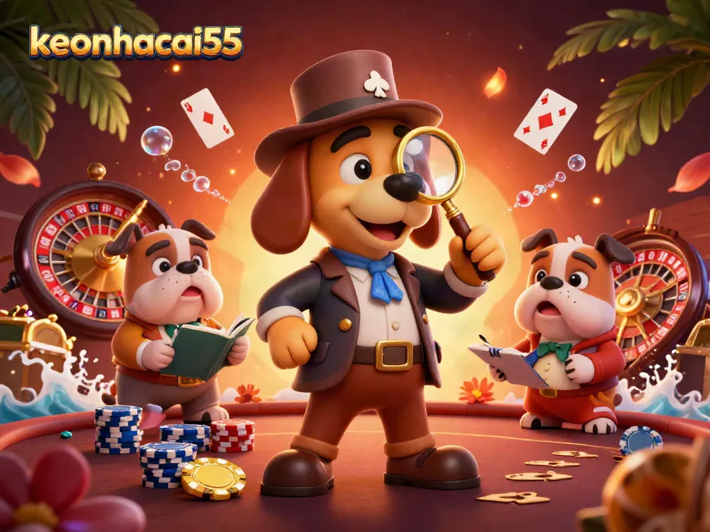 Engaging scene showcasing keonhacai55 with detective characters and poker game elements in a vibrant casino setting.