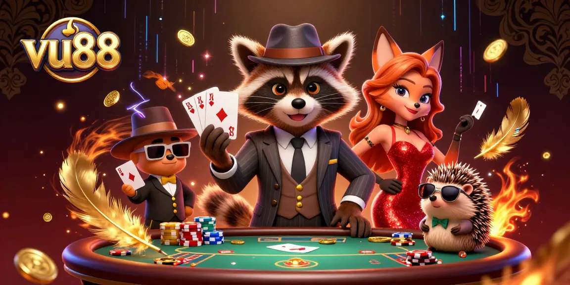 Join the gaming action with vu88's suave characters and dynamic poker scene in a vibrant 3D illustration.