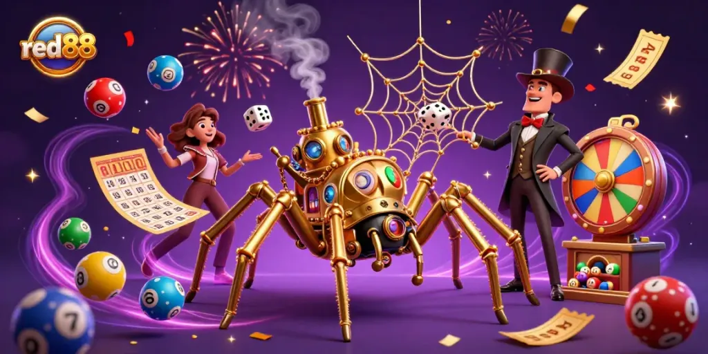 Experience thrilling gameplay with red88 in a vibrant, dynamic casino-themed illustration showcasing fortune elements.