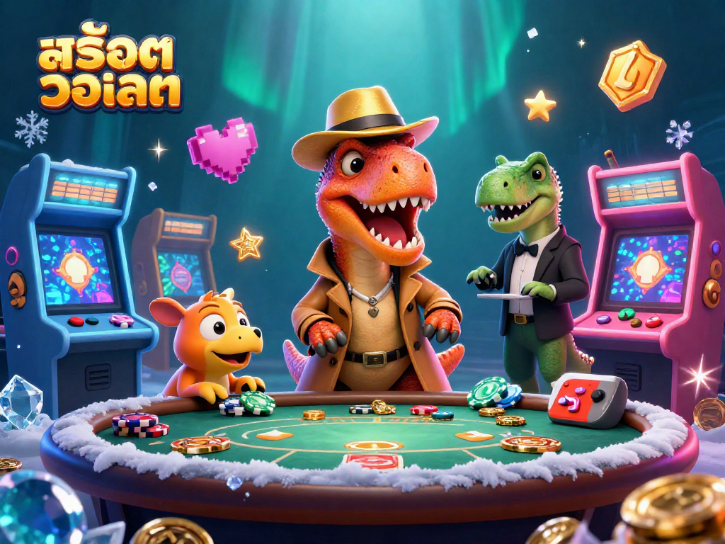 Experience the excitement of สล็อตวอเลท with a fun scene of characters in a casino setting, including colorful arcade machines and vibrant elements.