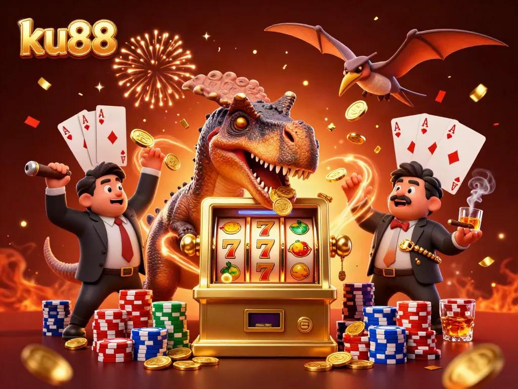 ku88 illustration with pachycephalosaurus headbutting slot machine for big wins in a dynamic casino scene