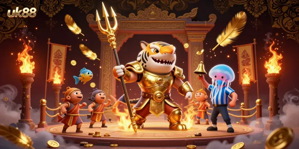 Experience thrilling betting with uk88, a lively underwater casino scene featuring a gladiator shark and vibrant elements.