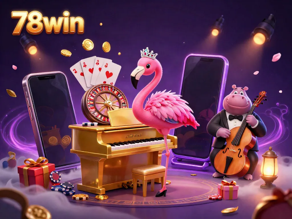 Experience the vibrant world of 78win with a lively casino scene featuring colorful slot games and engaging characters.