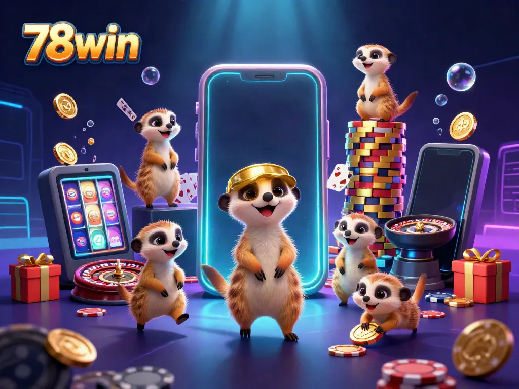 Engage in thrilling gaming at 78win with a lively meerkat casino scene featuring dynamic action and vibrant colors.