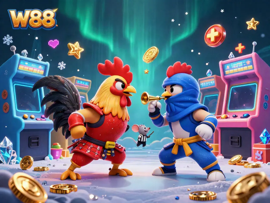 Experience the thrill of W88 with dynamic fighting roosters and vibrant casino elements.