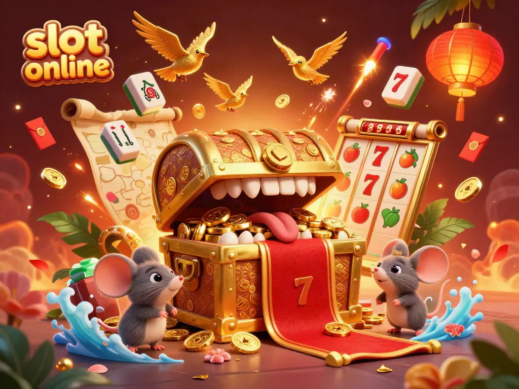 Engage with slot online gaming in a vibrant, cartoon world featuring treasure chests and slot reels.