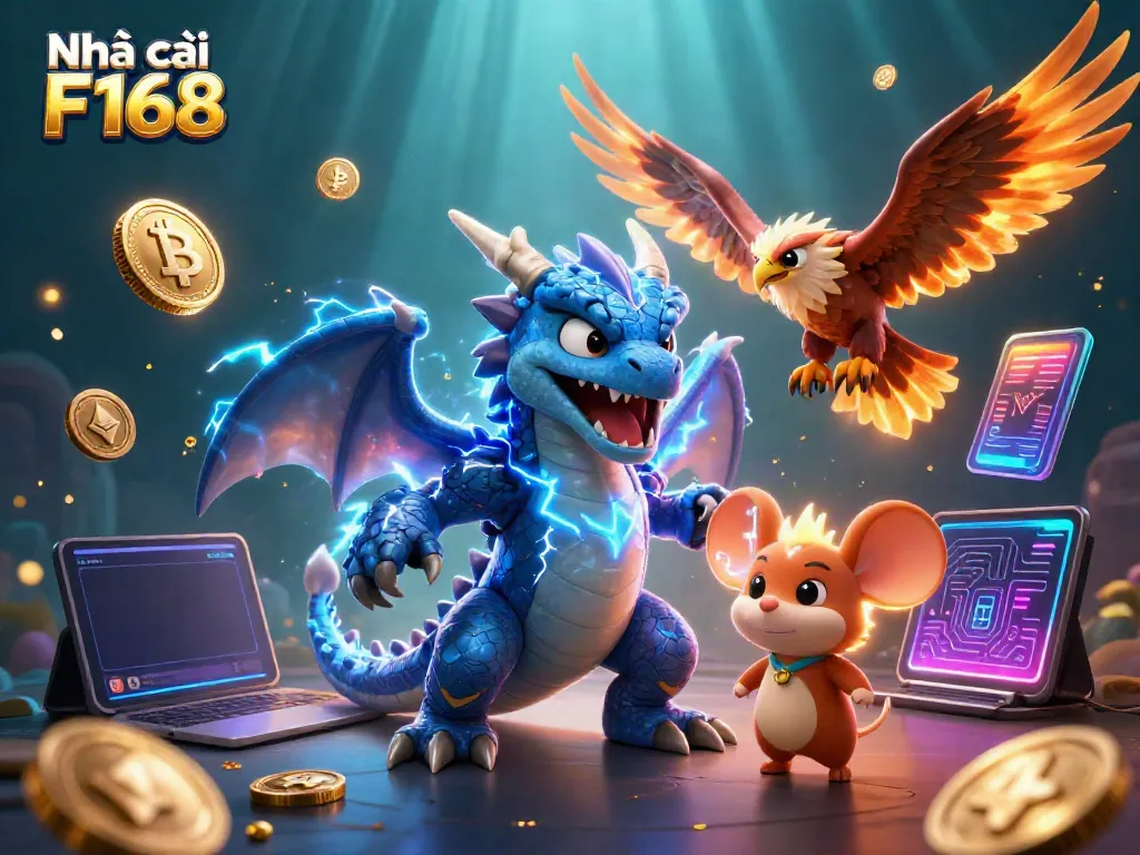 Experience high-stakes thrills at Nhà cái F168 with a vibrant 3D gaming scene featuring dynamic elements.