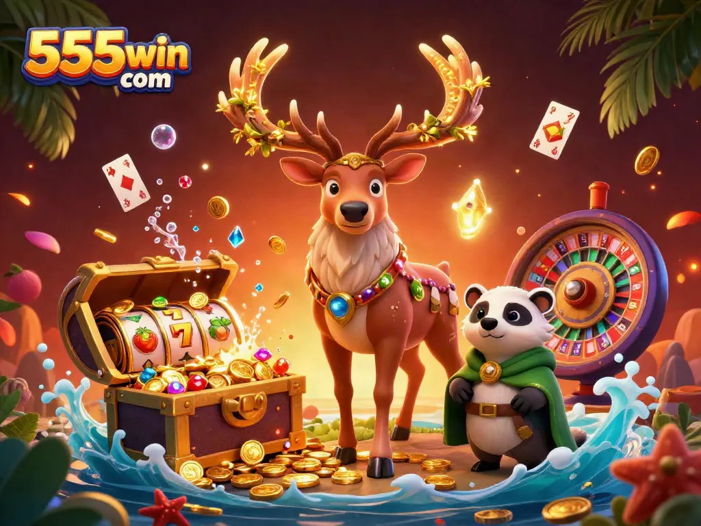 Engage in thrilling gameplay with 555win com, featuring a vibrant 3D casino scene full of action.
