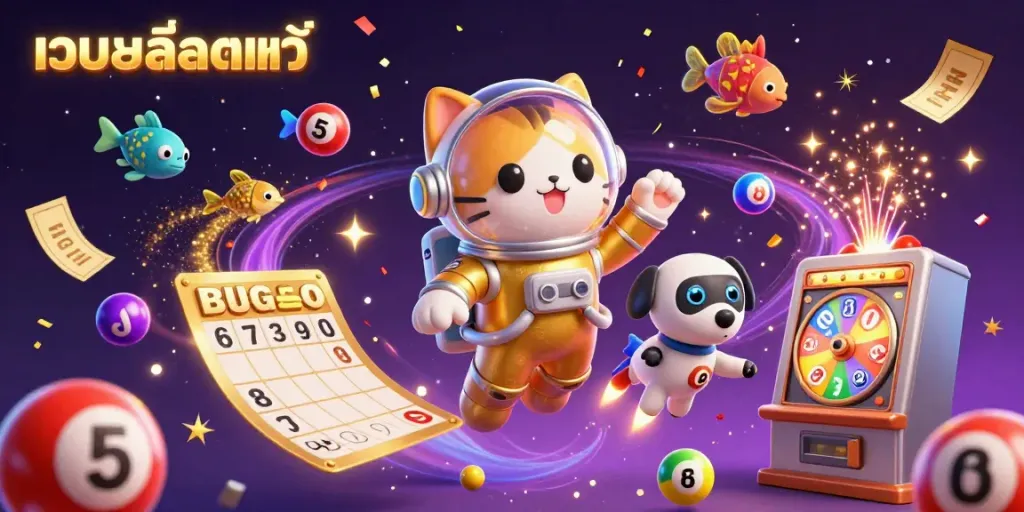 Play and win at เว็บสล็อตแท้ with vibrant casino game elements in an energetic, cosmic scene.