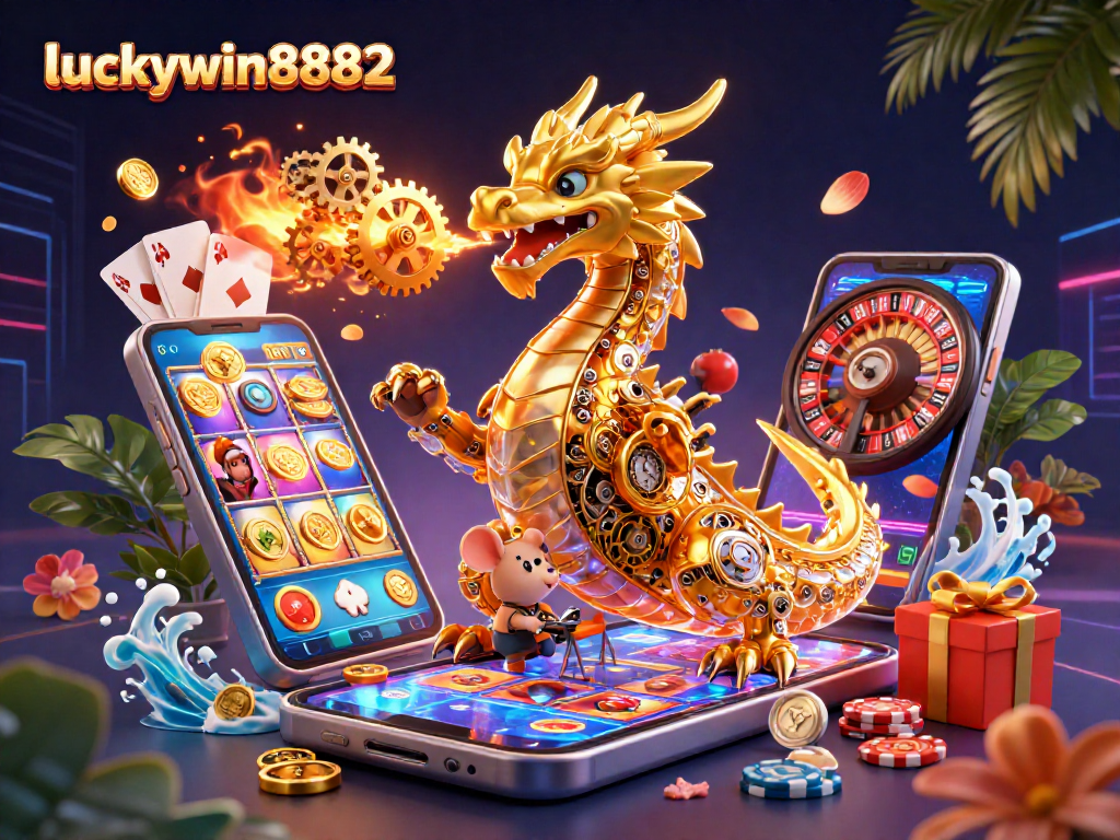 Engage in gaming excitement with luckywin8882 featuring a dragon and dynamic casino elements.