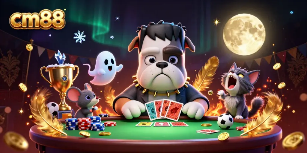 Engage in thrilling bets at cm88 with a dynamic scene of a colorful casino featuring unique character interactions and rich game elements.