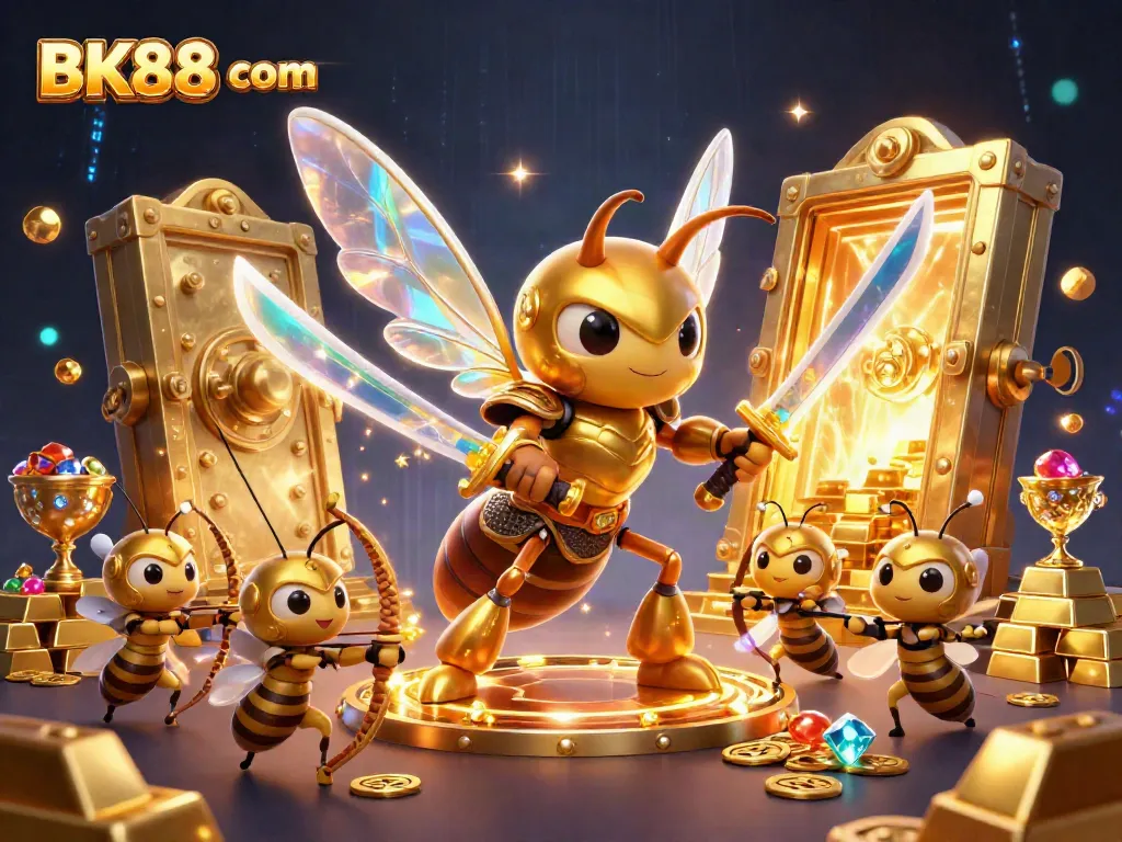 Experience the thrill of BK88 com with a dynamic 3D casino scene featuring golden hornets in samurai armor.