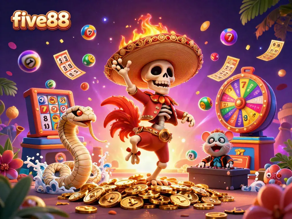 Join the five88 fiesta with a mariachi rooster, mummy snake, and DJ hamster amidst vibrant casino excitement!