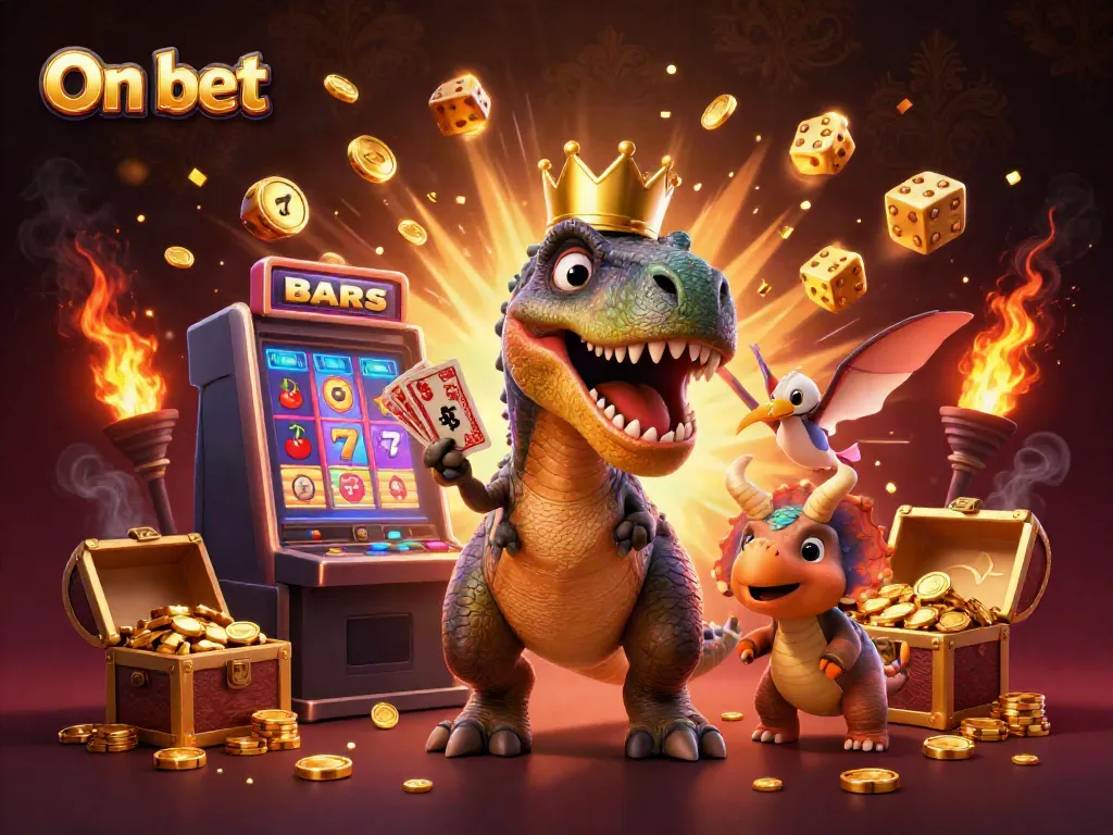 Engage in On bet with a T-Rex shuffling cards, surrounded by dynamic casino elements.
