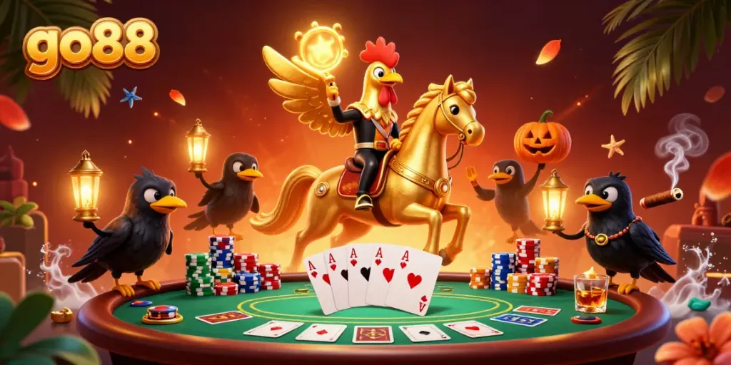 Engage with go88's thrilling online casino experience featuring a vibrant, dynamic 3D scene with characters and game elements.