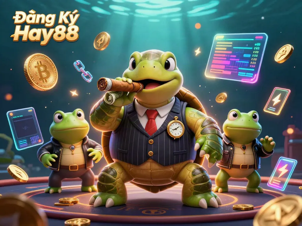 Experience Đăng Ký Hay88 with a vibrant 3D scene of a snapping turtle and bullfrogs in a casino.