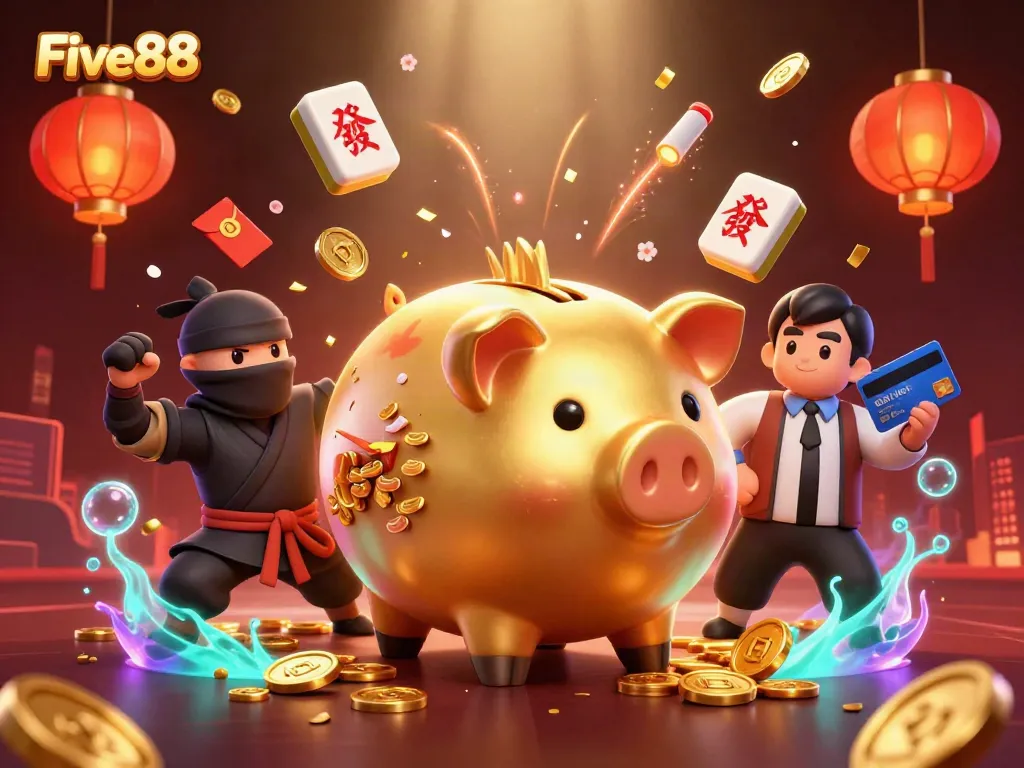 Play and win big with Five88 in this dynamic casino scene featuring vibrant characters.
