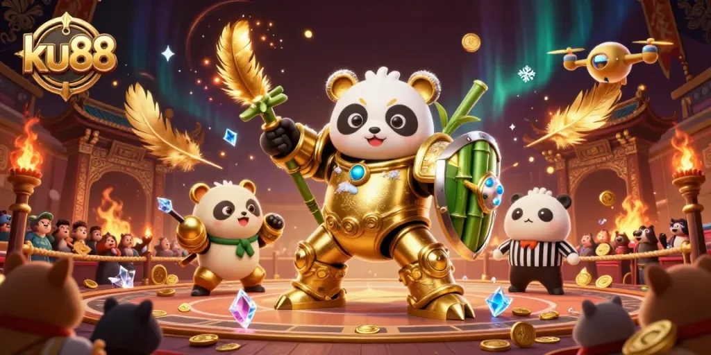 Action-packed ku88 casino scene with a mech-suit panda and dynamic game elements.