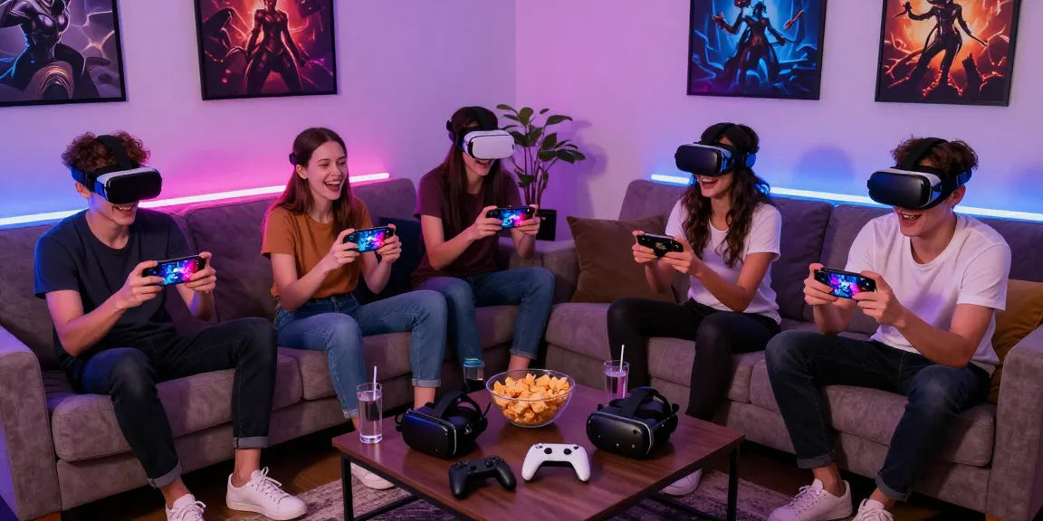 Friends playing game porn together on various devices in a cozy setting