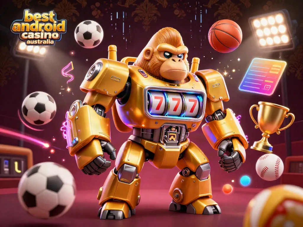 Engaging scene of the best android casino australia featuring a golden gorilla mech and dynamic sports elements.