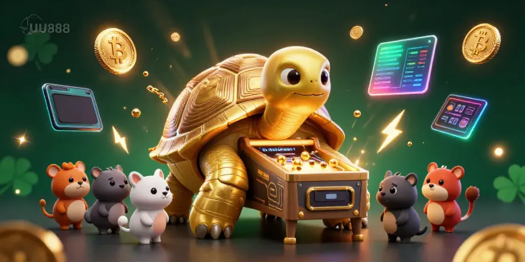 Score big with the UU888 tortoise-themed betting adventure showcasing crypto elements and lively characters.